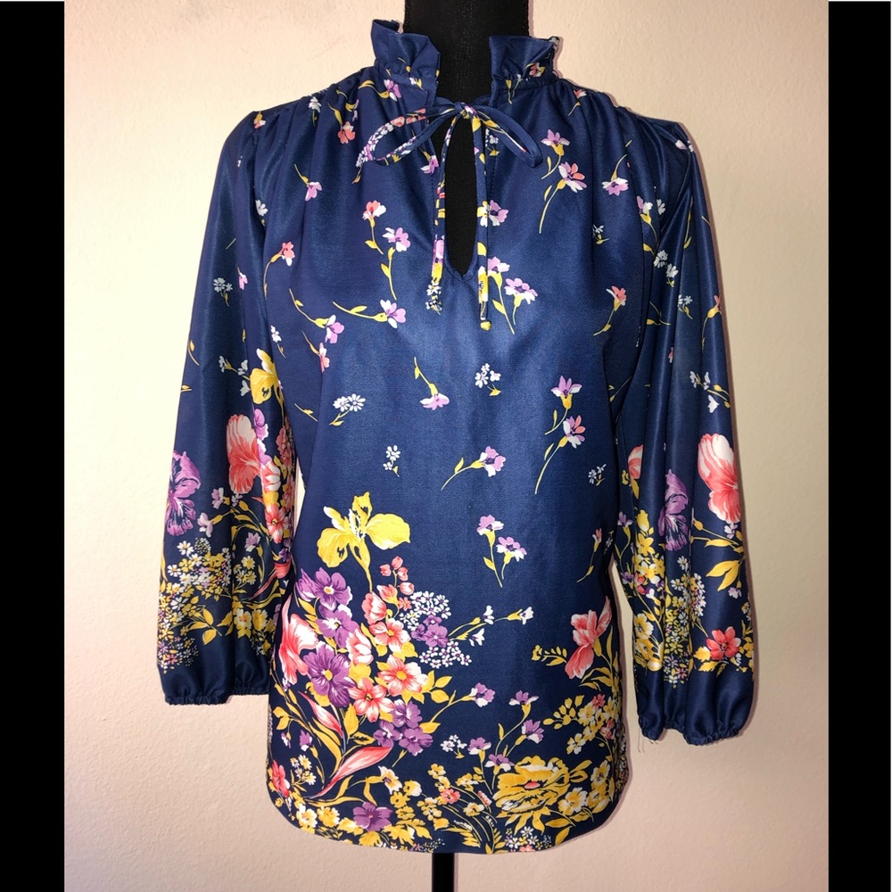 Vintage ‘70s Floral Tunic Top Keyhole Tie Neckline Blue Polyester Retro XL